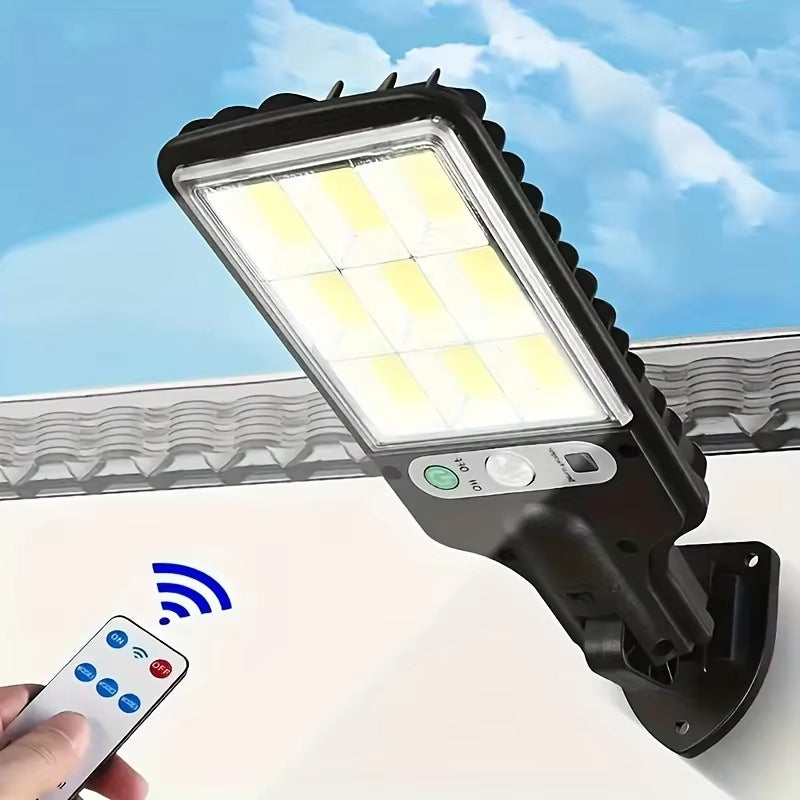 108 COB solar motion sensor street light with reflector-style LED panel and remote control for outdoor security lighting