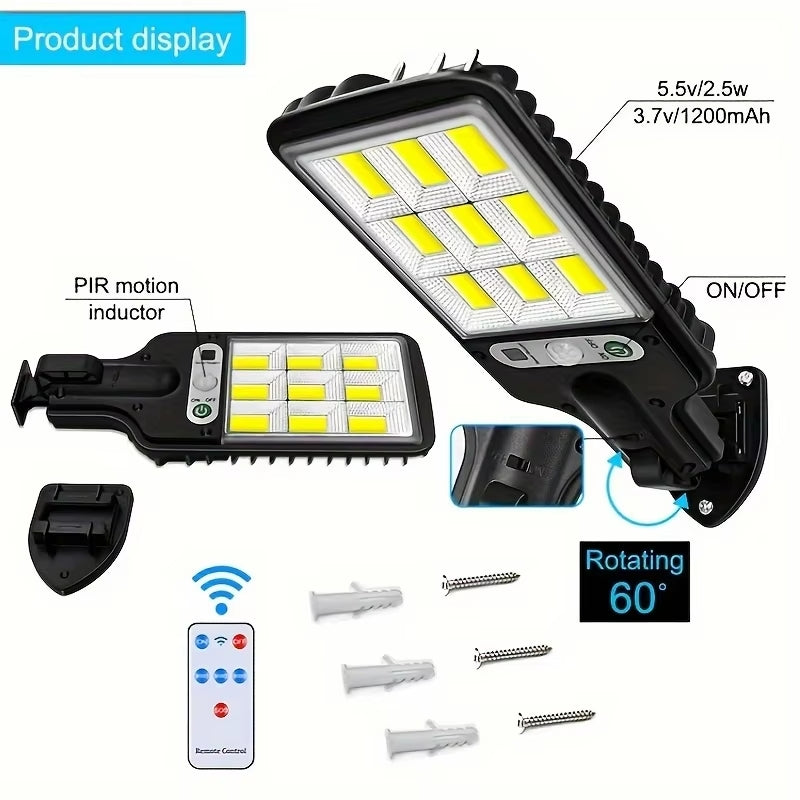 108 COB LED solar street light showing PIR motion sensor and wide reflector panel for garden, patio and pathway lighting