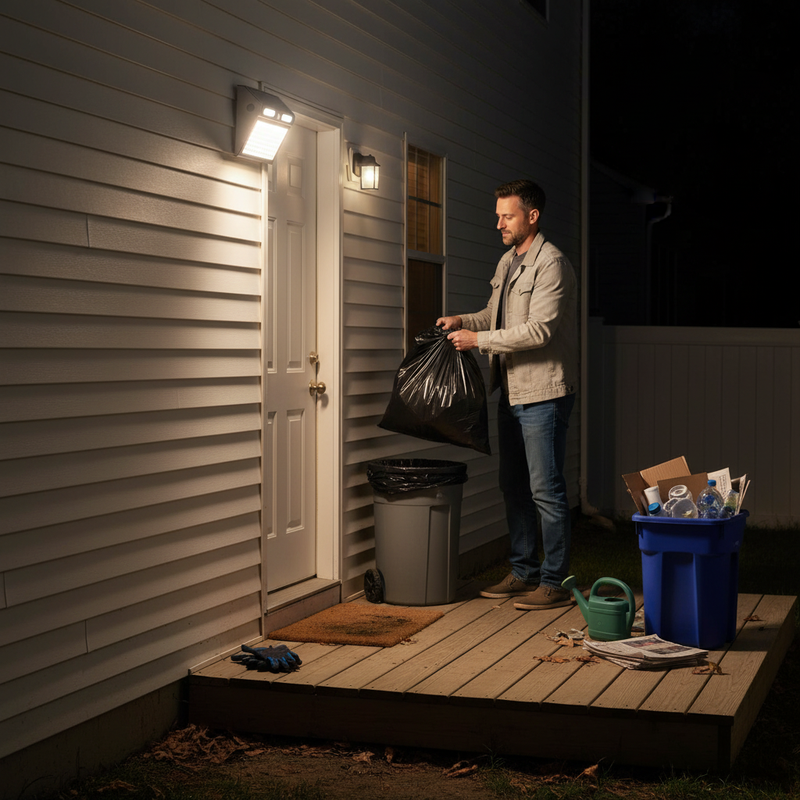 112-LED solar motion sensor wall light illuminating a residential back-door entrance after dark