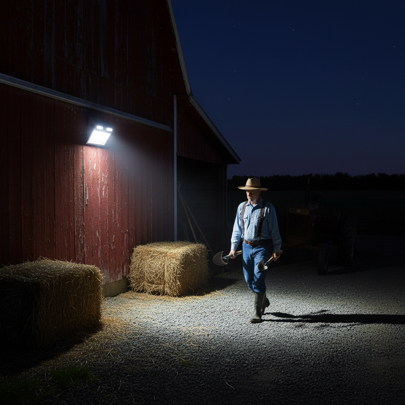 112-LED solar motion sensor wall light illuminating the exterior wall of a barn or utility building after dark