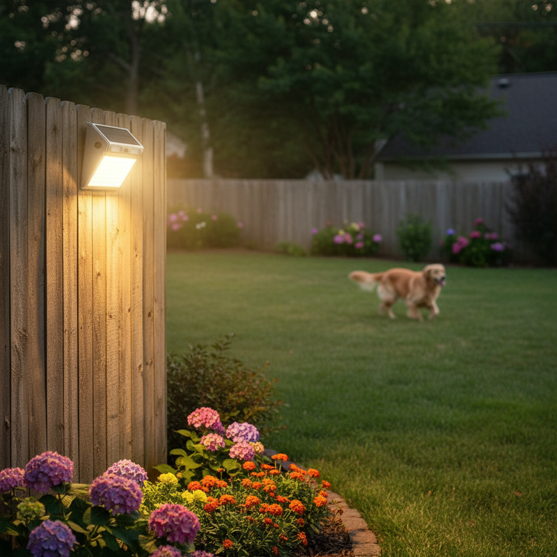 112-LED solar motion sensor wall light mounted on a fence post to illuminate a residential yard and boundary area at night