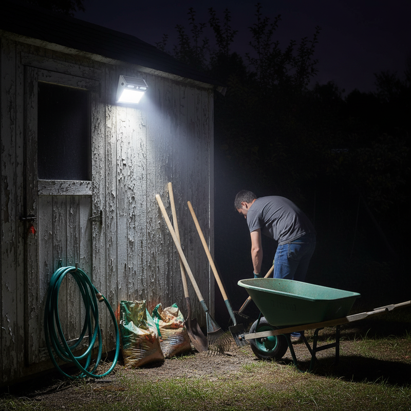 112-LED solar motion sensor wall light illuminating the exterior wall and entrance of a garden shed at night