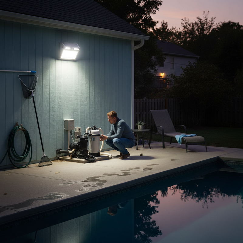 112-LED solar motion sensor wall light illuminating a residential swimming pool and surrounding patio area at night