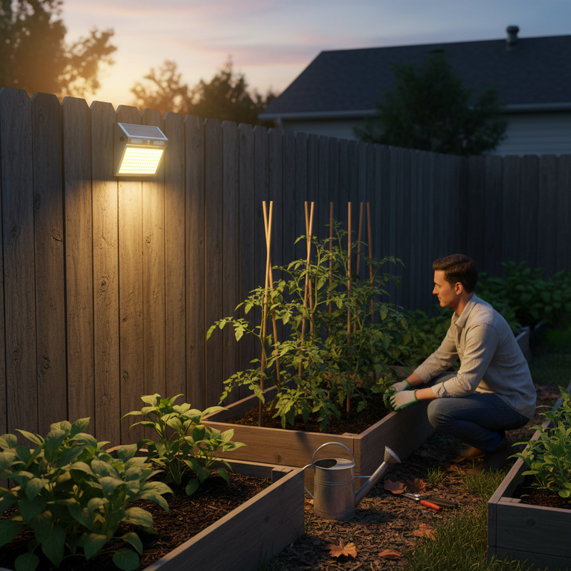 112-LED solar motion sensor wall light providing nighttime illumination beside a residential vegetable garden