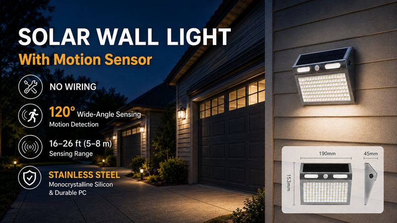 112-LED solar motion sensor wall light feature view showing the wide lighting panel, sensor and integrated solar charging design