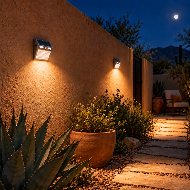 Two warm-white 112-LED solar wall lights illuminate separate sections of an Arizona stone path, including stones beside the gate, with a dark section between them.