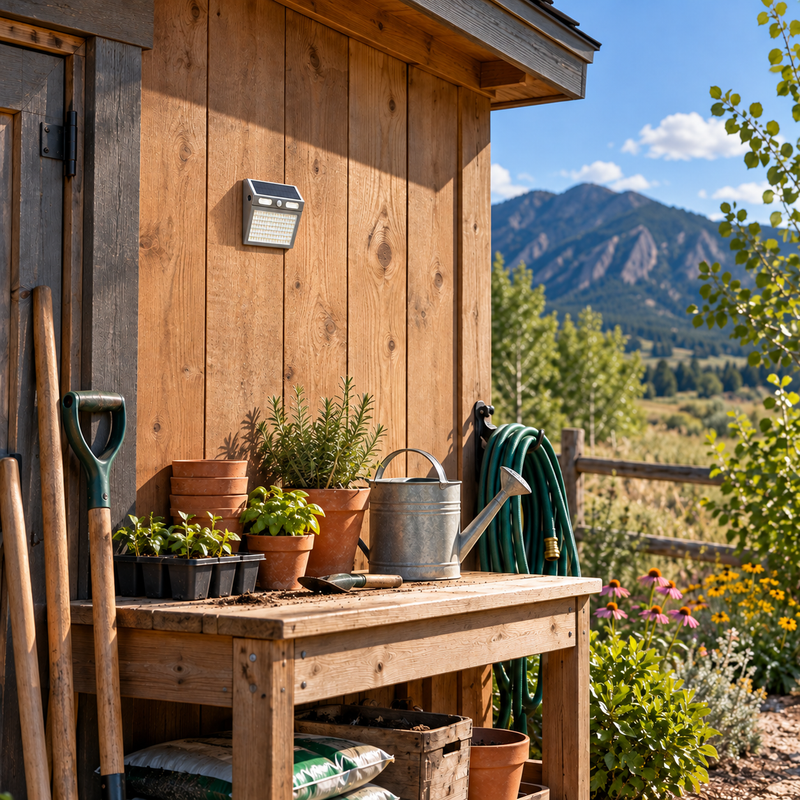 112-LED solar wall light mounted above a Colorado garden potting bench in daylight with the LEDs off.