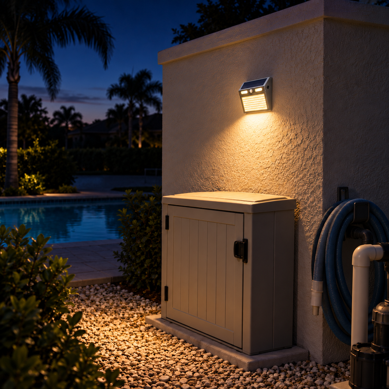 112-LED solar motion sensor wall light illuminating a pool equipment service area in Florida before dawn.