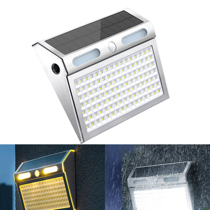 112-LED solar security wall light feature graphic showing four selectable operating modes for outdoor nighttime use