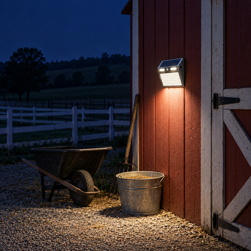 112-LED solar motion sensor wall light illuminating a feed bucket and gravel beside a Kentucky barn before dawn.