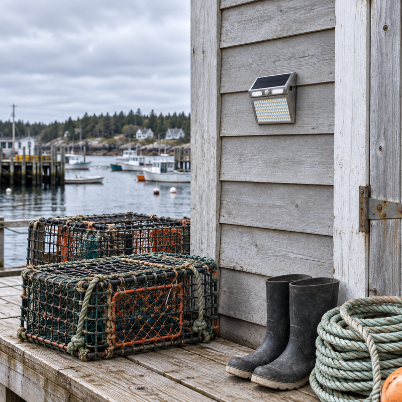 Silver 112-LED solar motion sensor wall light switched off on a Maine boathouse wall during an overcast day.