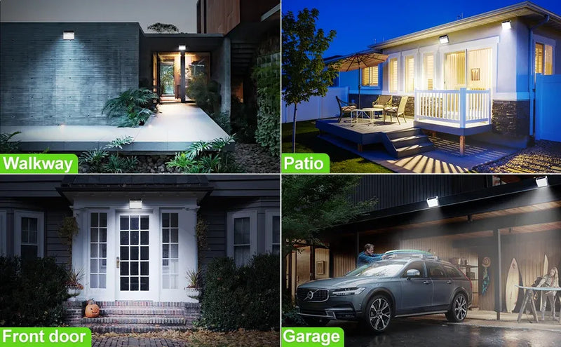 112-LED solar motion sensor light demonstrating broad illumination coverage across an exterior wall and surrounding ground area