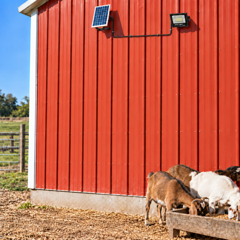 Unlit solar floodlight and separate solar panel high on a red Kentucky barn wall, connected by a longer secured cable above a feeding area without people.