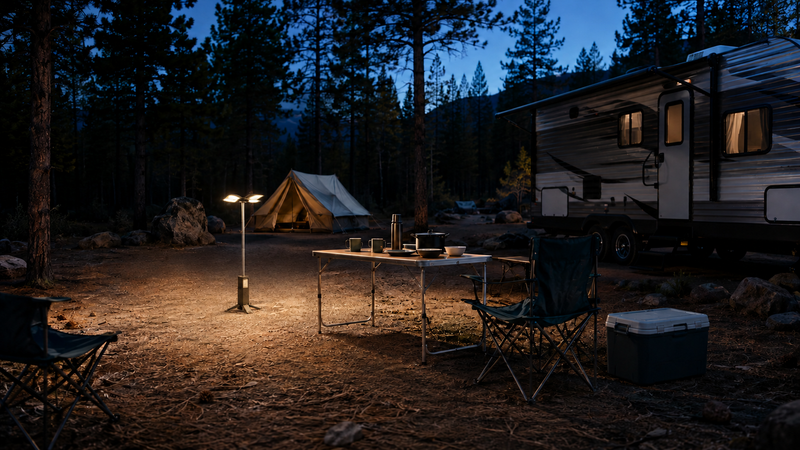 Fully extended rechargeable camping lantern illuminating an RV and tent campsite at night