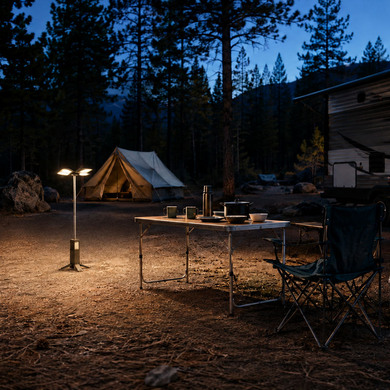 Fully extended rechargeable camping lantern illuminating an RV and tent campsite at night