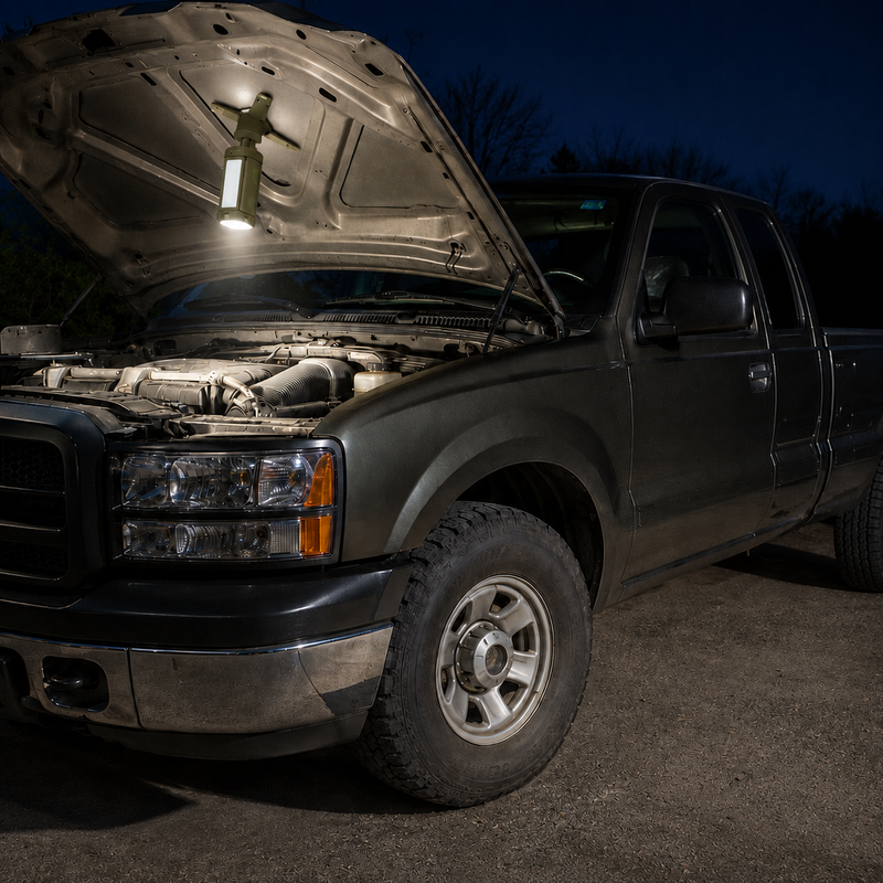 Magnetic rechargeable camping lantern attached under a pickup truck hood to illuminate the engine bay at night