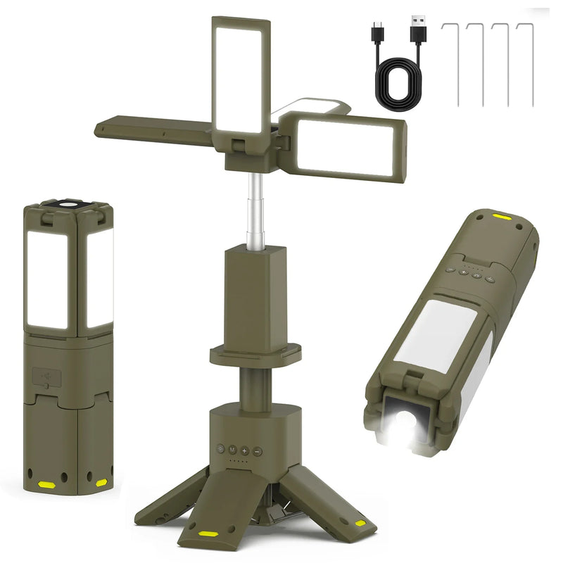 14000mAh rechargeable camping lantern with four adjustable LED light panels, telescopic pole and magnetic base shown on a clean background
