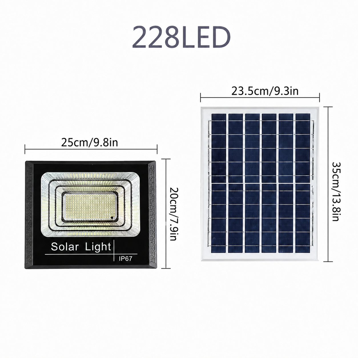 228LED solar floodlight and separate solar panel dimensions, with a 25 × 20 cm light and 23.5 × 35 cm panel
