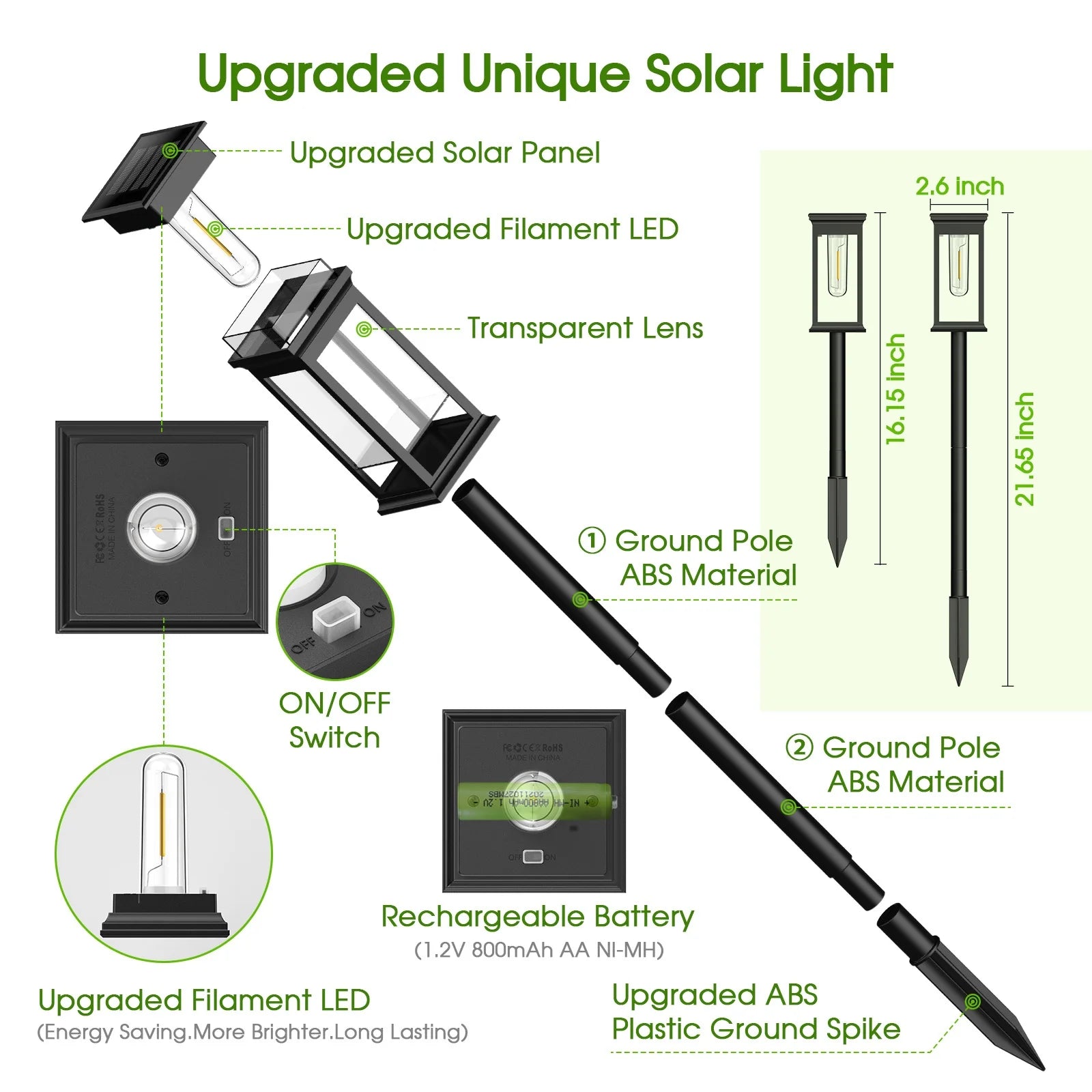 Size chart of Luces solares de jardín superbrillantes: 800 mAh, 12 h, 50 lúmenes, 2700 K, luz blanca cálida, impermeables, para patios, caminos y pasarelas.