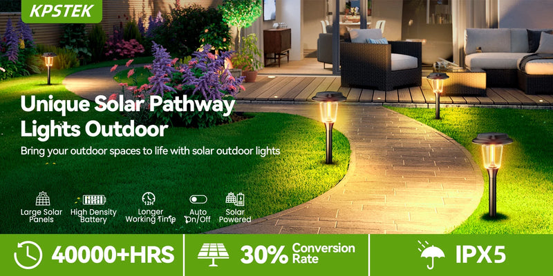 30-lumen solar garden light feature graphic showing the modern pathway-light design for lawns, walkways and landscape borders