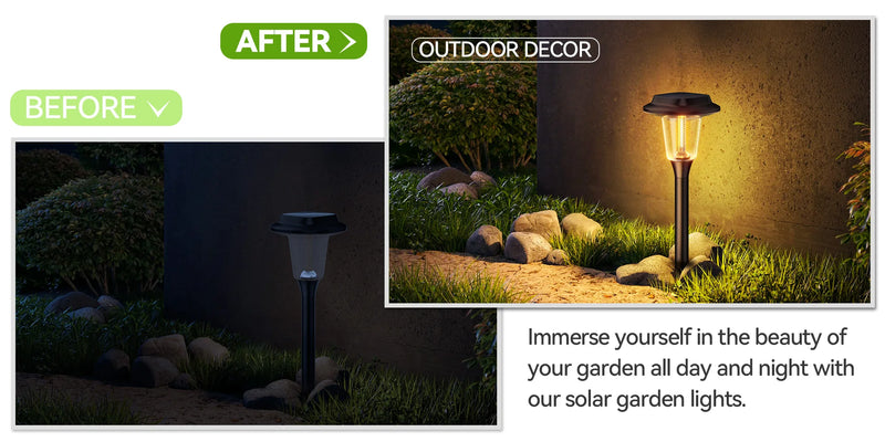Solar garden pathway light shown with a pointed ground stake for quick tool-free installation in soil and lawn