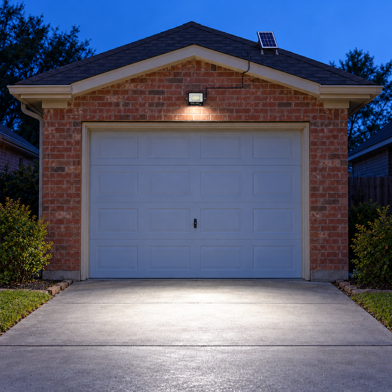 Small 300-LED solar floodlight mounted above a brick garage door, with a separate rooftop solar panel illuminating the driveway at dusk.