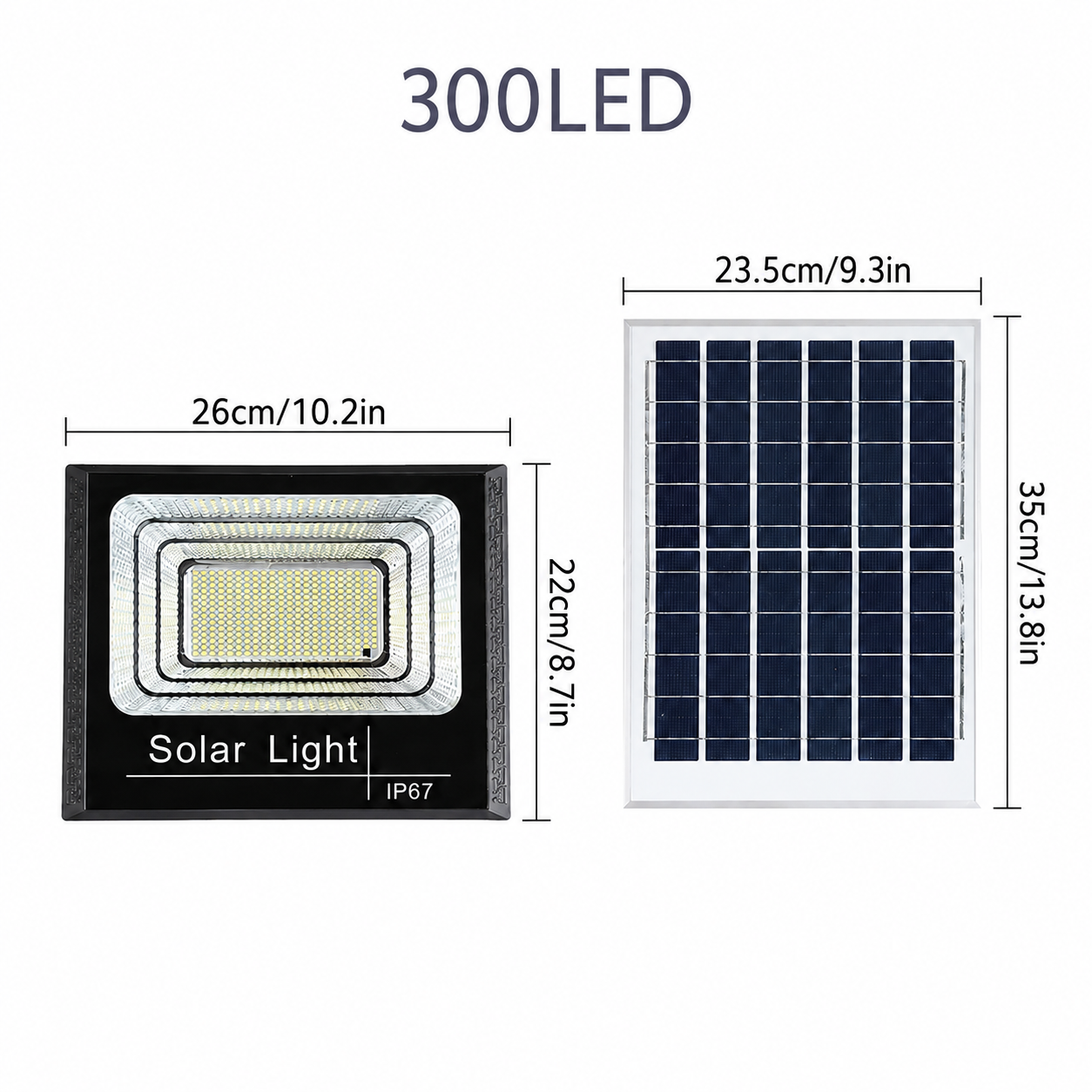 300LED solar floodlight and separate solar panel dimensions, with a 26 × 22 cm light and 23.5 × 35 cm panel