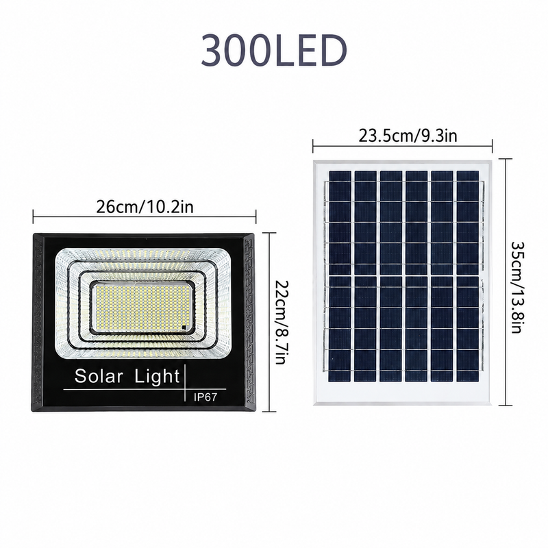 Dimensiones del foco solar de 300 LED y del panel solar separado: foco de 26 × 22 cm y panel de 23,5 × 35 cm