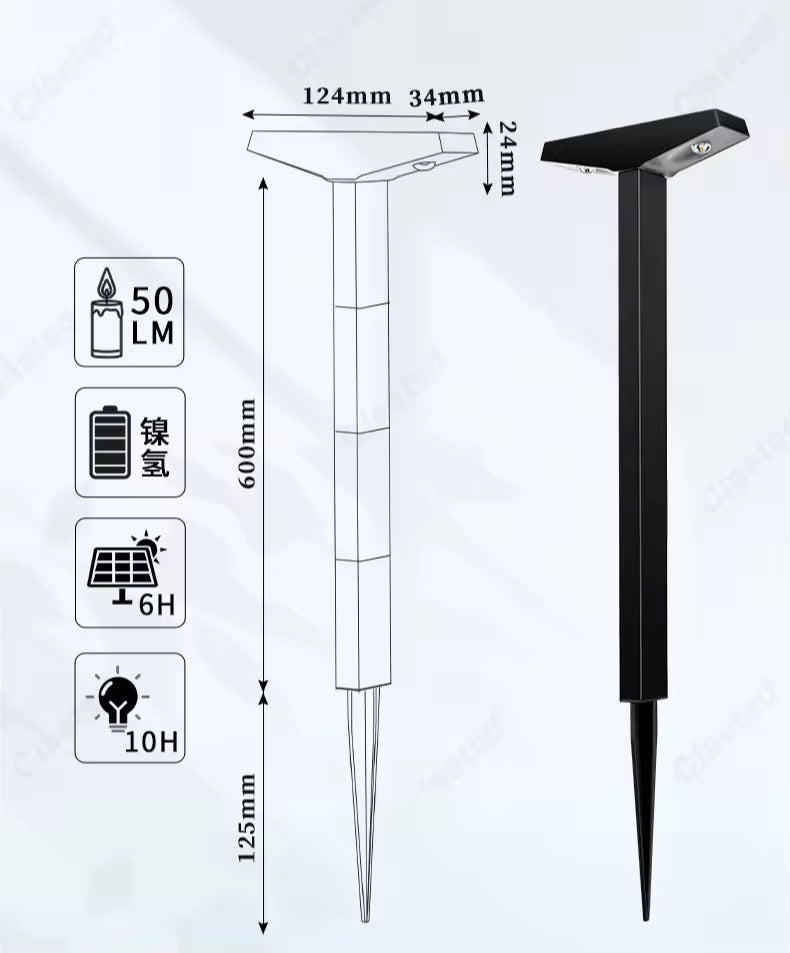 50-lumen solar pathway light feature graphic showing the lamp head, solar charging surface and ground-stake design