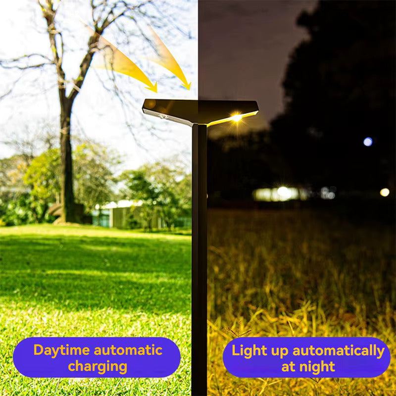 50-lumen solar pathway light product view showing the lamp head, solar panel and ground stake for lawn installation