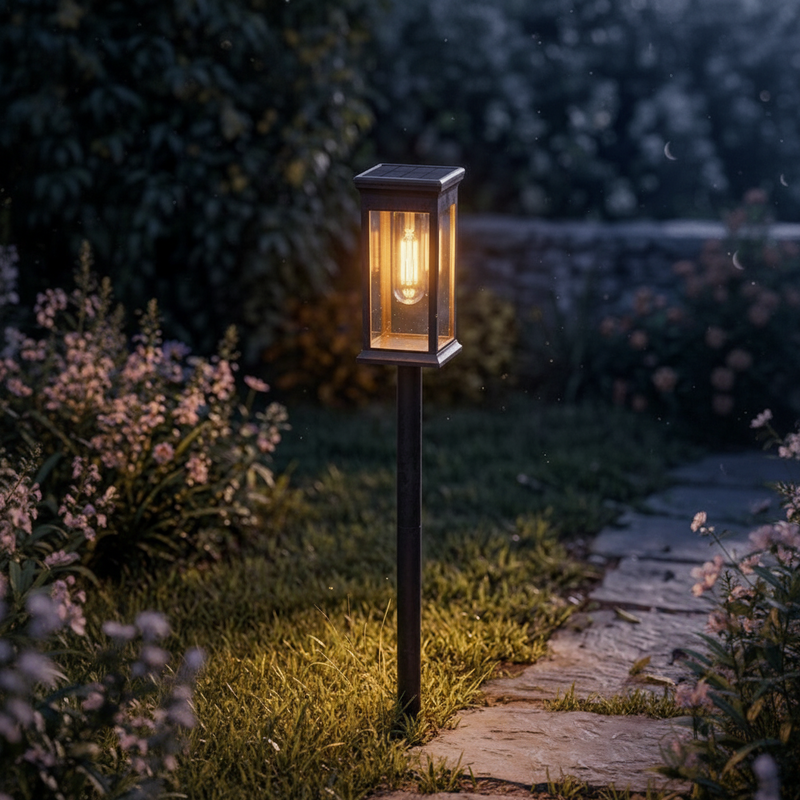 Luz solar de camino blanco cálido de 50 lúmenes con cabezal negro, poste y estaca para iluminación paisajística