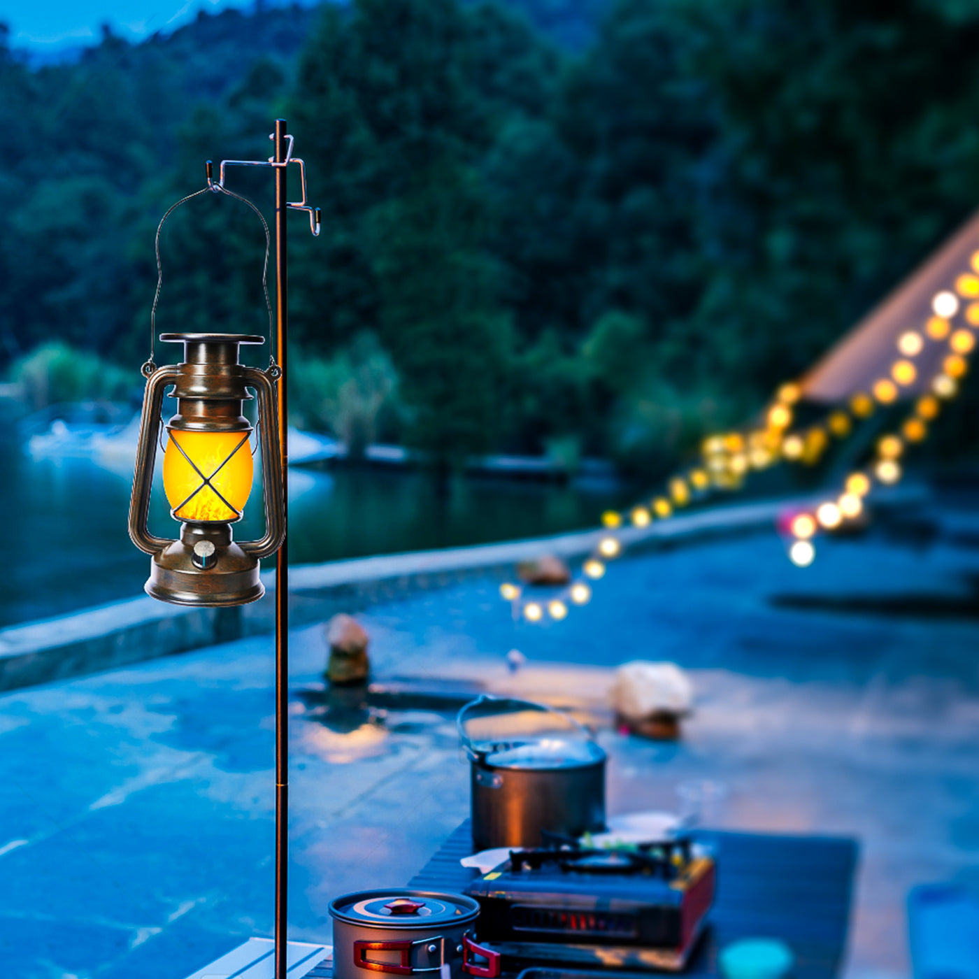 vintage solar lantern outdoor, auto on/off led flickering flame & stable light, ipx5 waterproof, hanging & tabletop decorative lamp - NoxLumin - 6