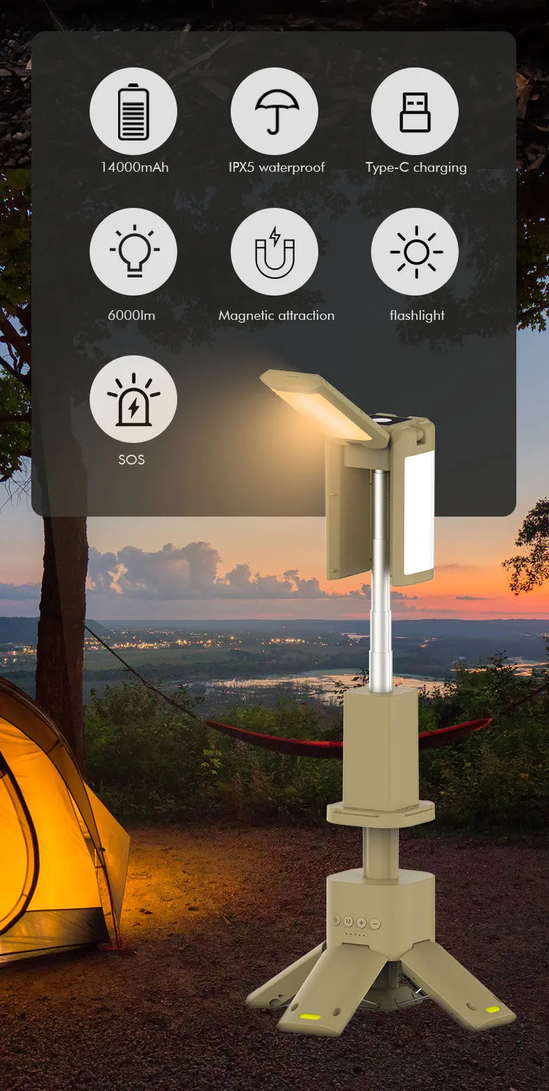 High-output rechargeable camping lantern shown with extended lighting heads for bright outdoor area illumination
