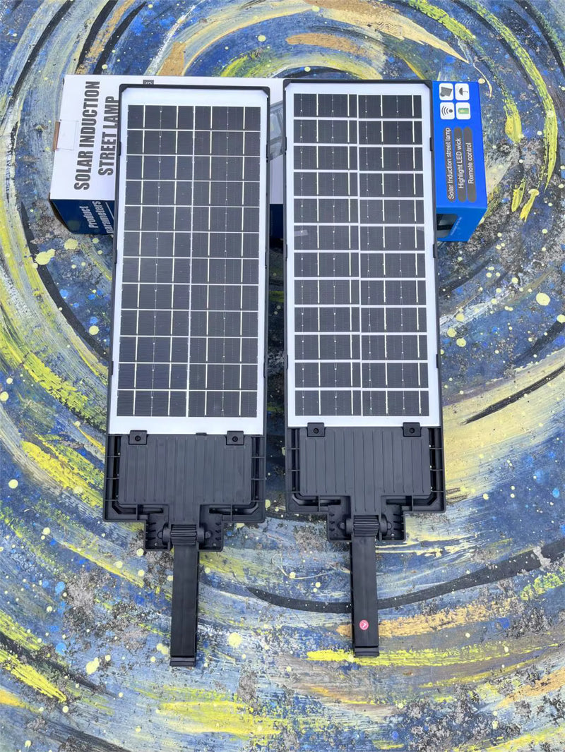 Commercial solar light shown with remote control for adjusting brightness, timing and automatic nighttime lighting