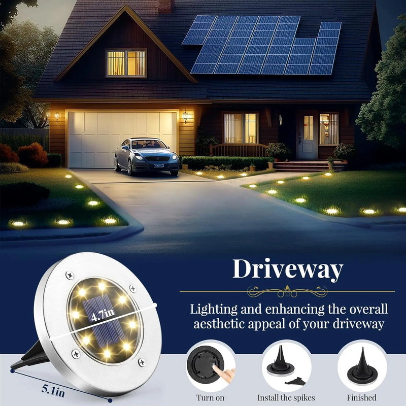 8-LED solar disk pathway light with a low-profile round design for in-ground lighting along yards, decks, driveways and garden paths