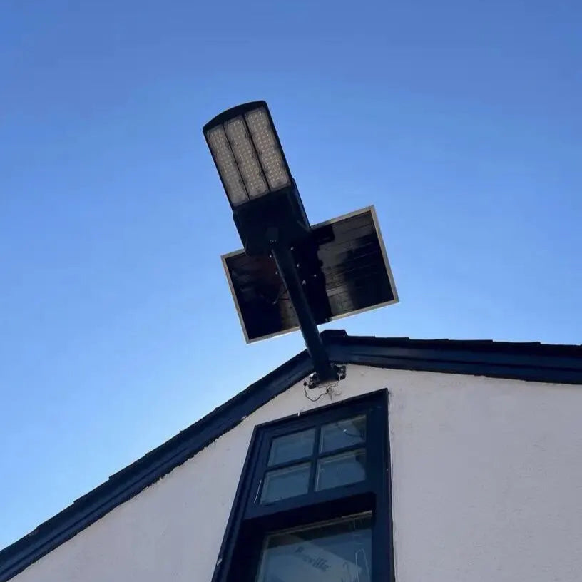 High-output solar flood light demonstrating bright wide-area illumination for driveways, yards and commercial outdoor spaces
