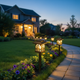 Mini house-shaped solar pathway lights decorating a suburban front yard at night