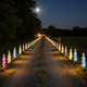 Solar delphinium flower lights decorating the edge of a rural driveway at night
