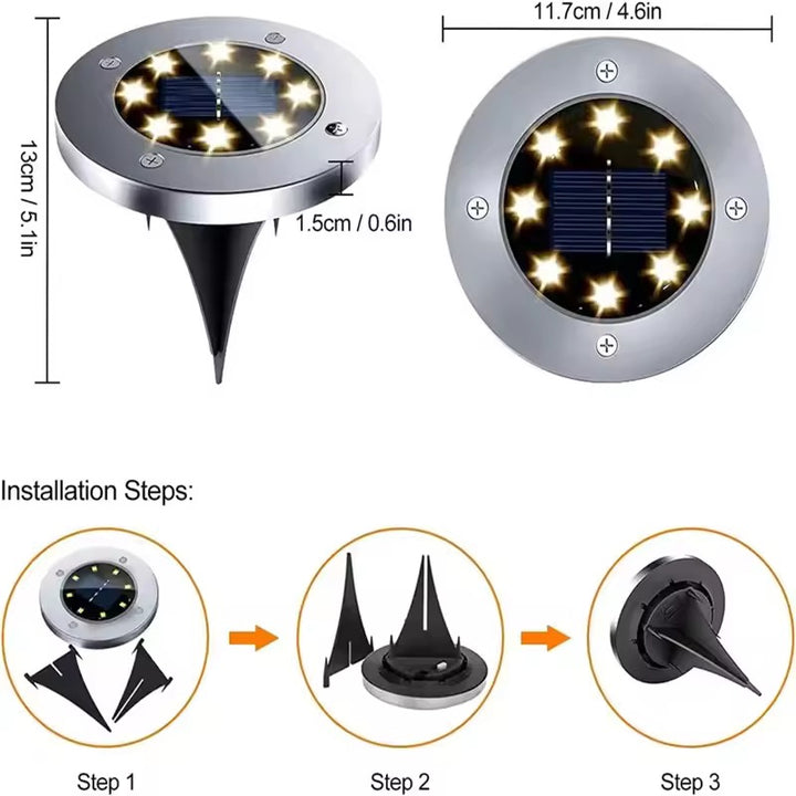 Solar Pathway Lights Outdoor 8-LED Disk Lights Waterproof for Yard, Deck, Driveway | NoxLumin