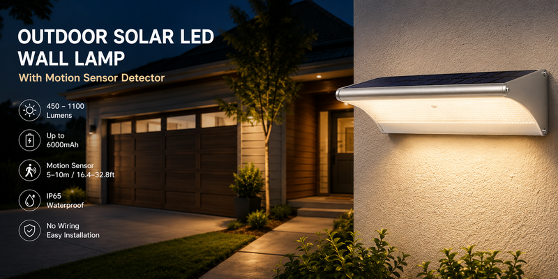 Outdoor solar LED wall light with motion sensor, 1100 lumens, 6000mAh battery, IP65 waterproof | NoxLumin
