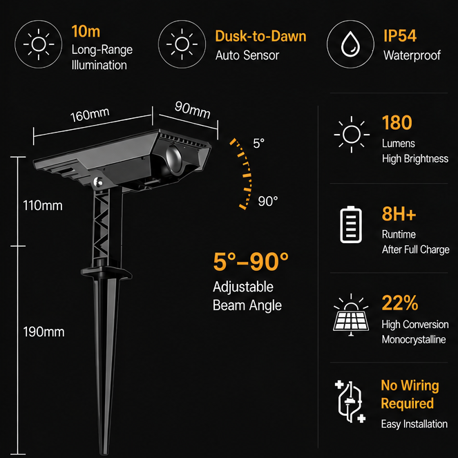 Foco solar de alta potencia para árboles con haz de precisión ajustable para iluminación paisajística ascendente