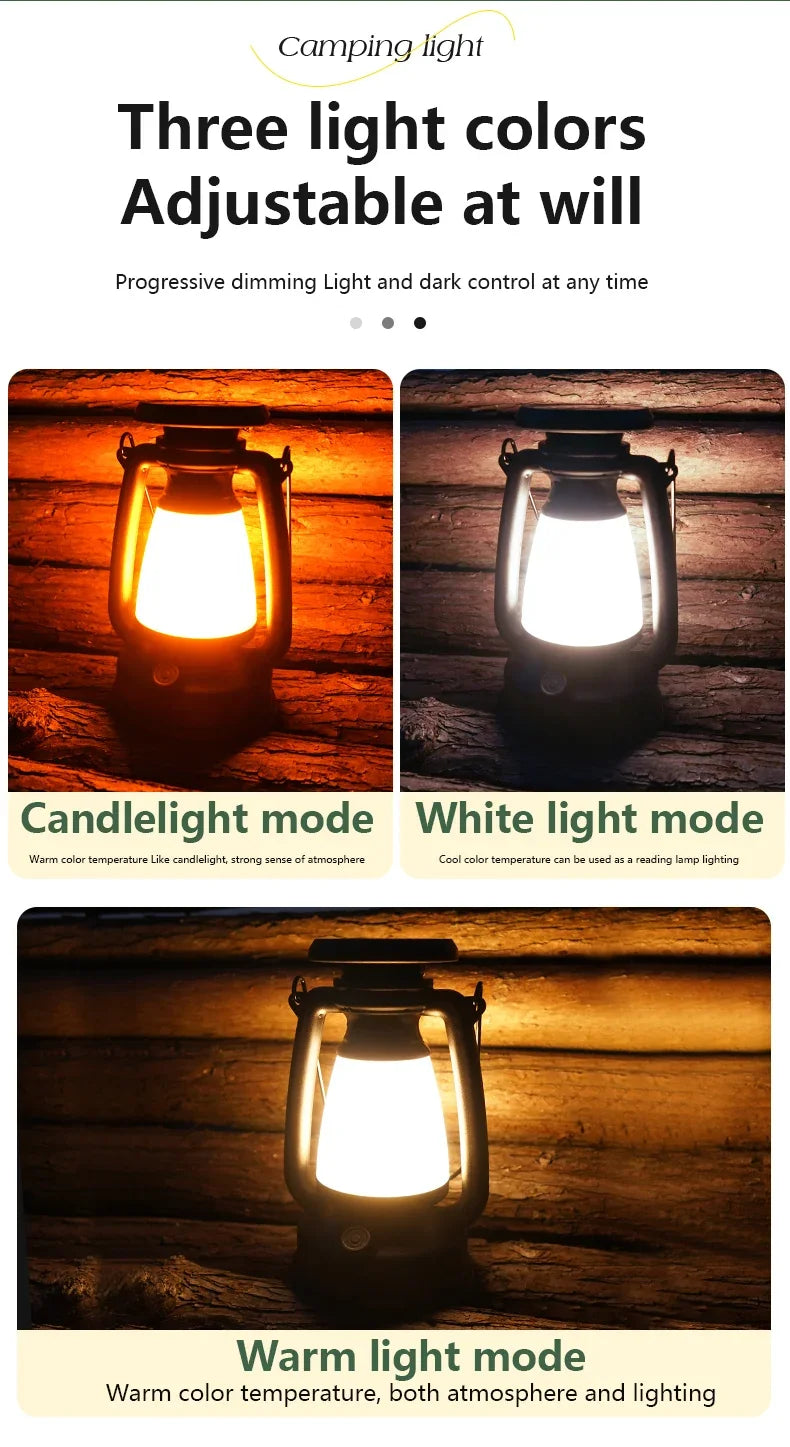lanterne de camping vintage à led, rechargeable par énergie solaire et usb | lampe de tente portable à intensité variable | température de couleur réglable (3000-5000k) - NoxLumin - 16