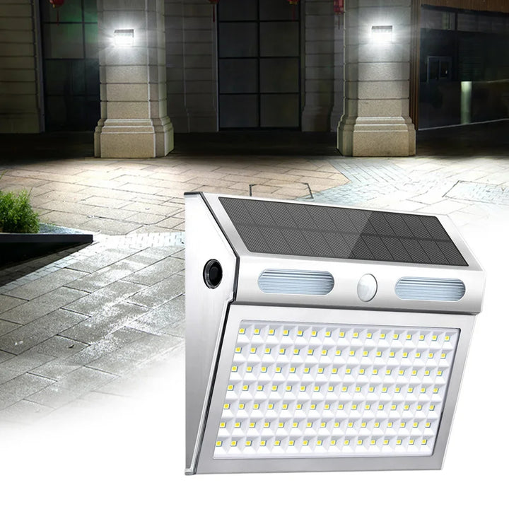 Lámpara solar de pared con sensor de movimiento - Luz de seguridad de 112 LED, IP65 resistente al agua, 4 modos, batería de 2200 mAh | NoxLumin