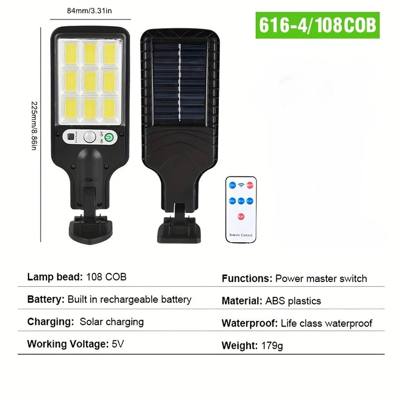 Lampadaire solaire extérieur à détecteur de mouvement COB 108 LED | 1500 lumens | Étanchéité IP65 | Télécommande incluse | 3 modes d& | NoxLumin