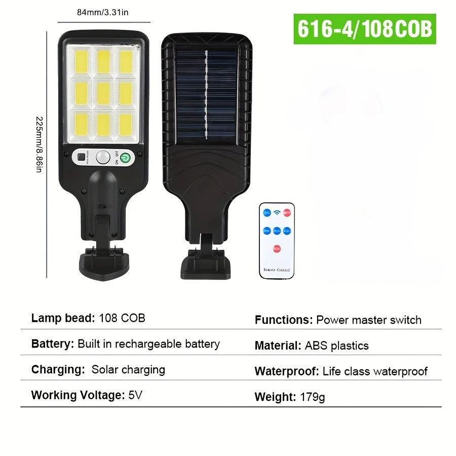 108 COB  Outdoor Solar Sensor Street Lamp | IP65 Waterproof With Remote Control  | 3 Light Modes |  for Garden Patio Path | NoxLumin