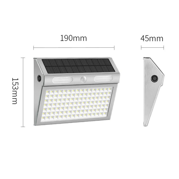 Lámpara solar de pared con sensor de movimiento - Luz de seguridad de 112 LED, IP65 resistente al agua, 4 modos, batería de 2200 mAh | NoxLumin