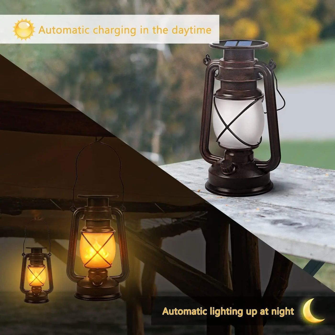 Vintage Solar Lantern Outdoor, Auto On/Off LED Flickering Flame & Stable Light, IPX5 Waterproof, Hanging & Tabletop Decorative Lamp | NoxLumin