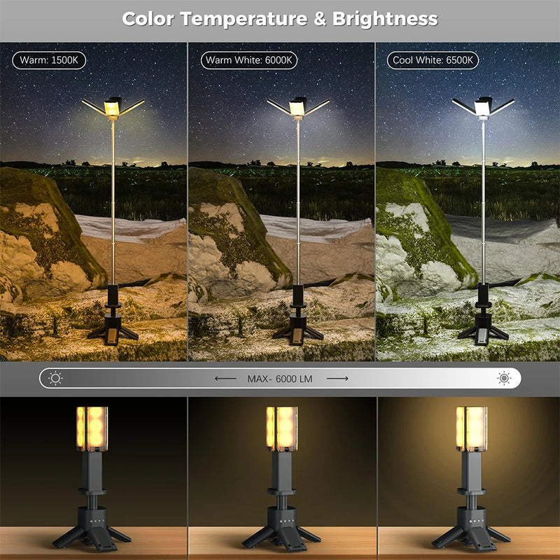 Lanterne de camping rechargeable 14 000 mAh - LED ultra-lumineuse 6 000 lumens avec base magnétique et conception télescopique pour la randonnée, la pêche et les tentes de camping-car. | NoxLumin