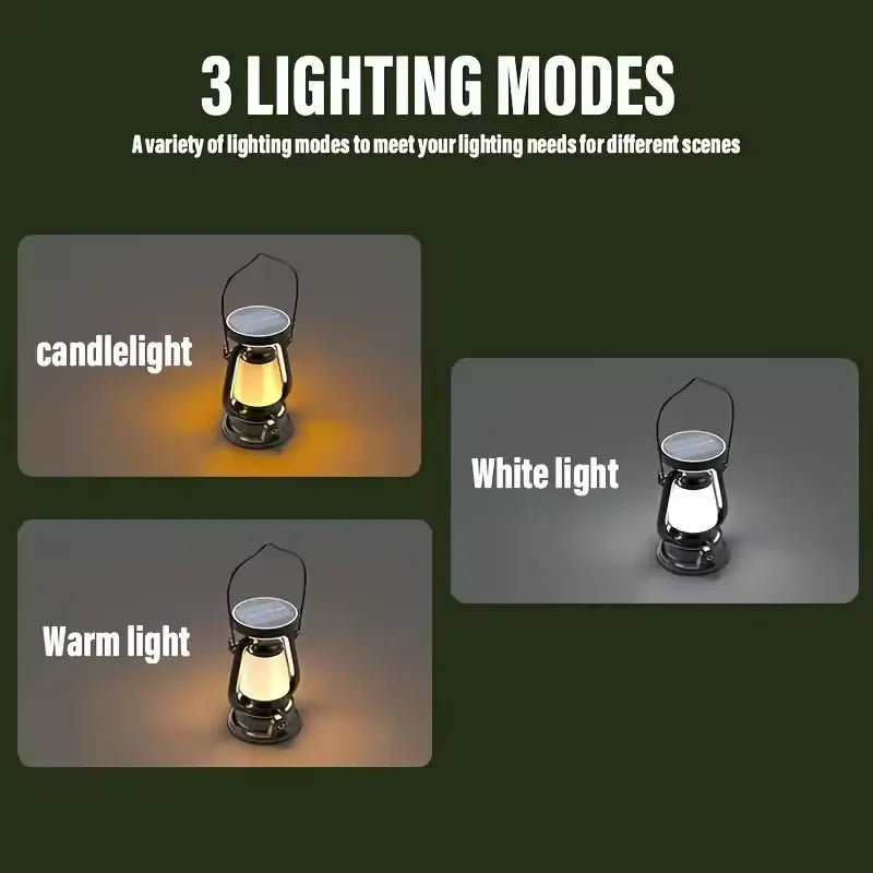 Lanterne de camping vintage à LED, rechargeable par énergie solaire et USB | Lampe de tente portable à intensité variable | Température de couleur réglable (3000-5000K) | NoxLumin