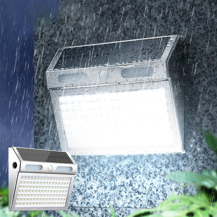 Lámpara solar de pared con sensor de movimiento - Luz de seguridad de 112 LED, IP65 resistente al agua, 4 modos, batería de 2200 mAh | NoxLumin